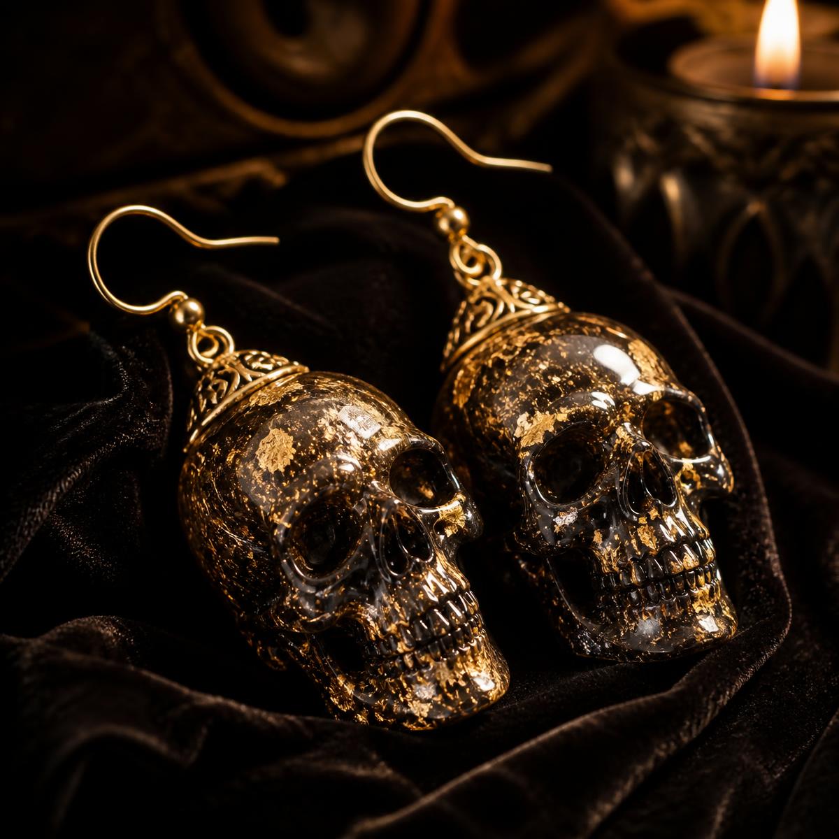 Hand-sculpted resin skull earrings with gold leaf on dark velvet