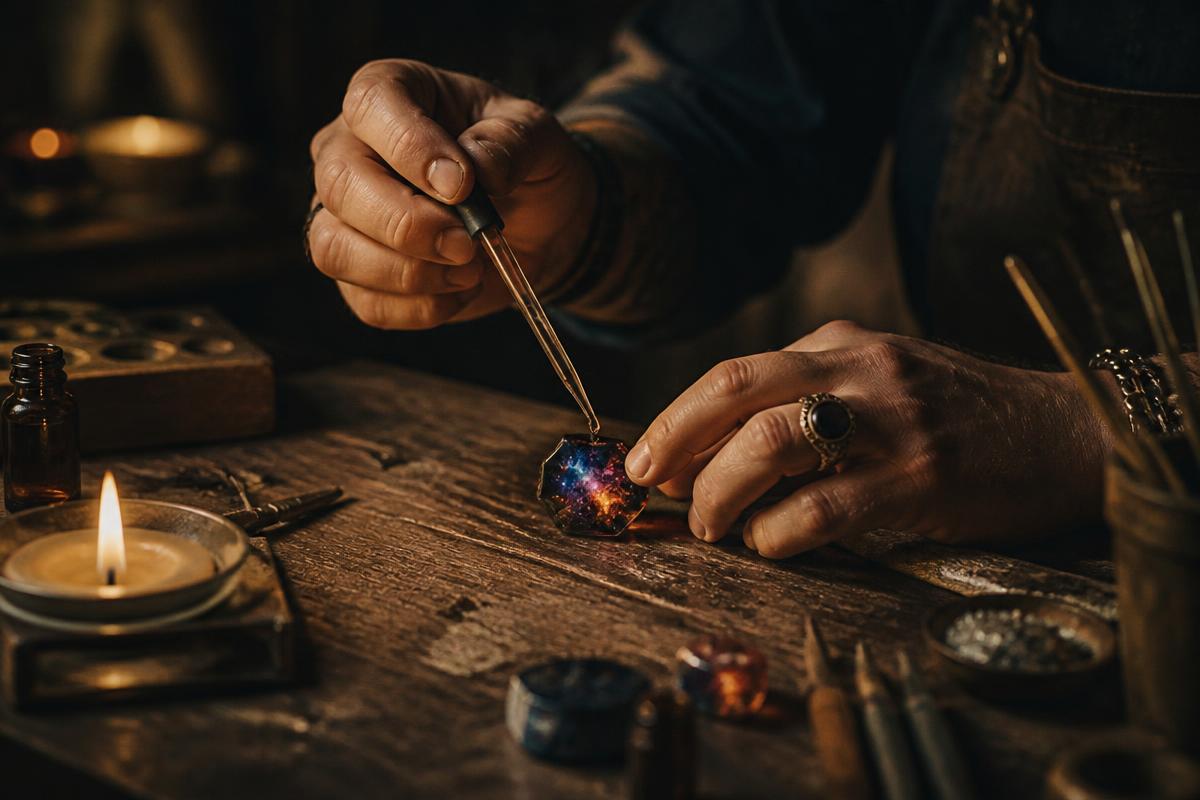 Jeweler's hands finishing a piece at a studio workbench